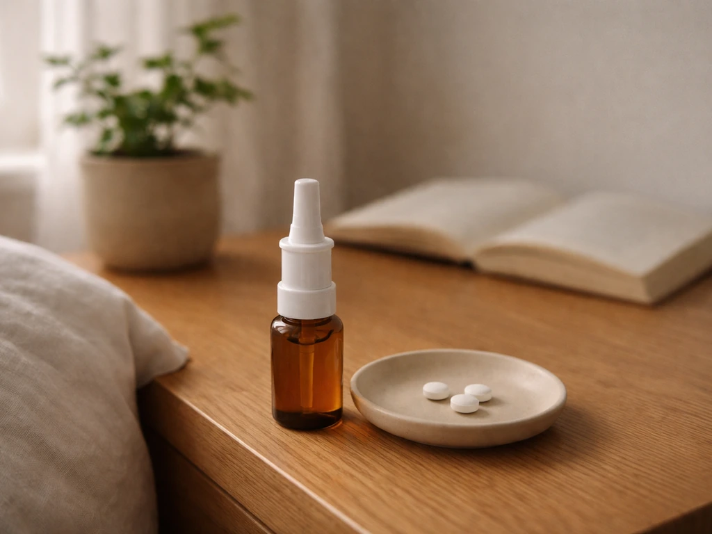 Nachtkastje met een neusspray en enkele antihistamine-tabletten in een rustige slaapkameromgeving