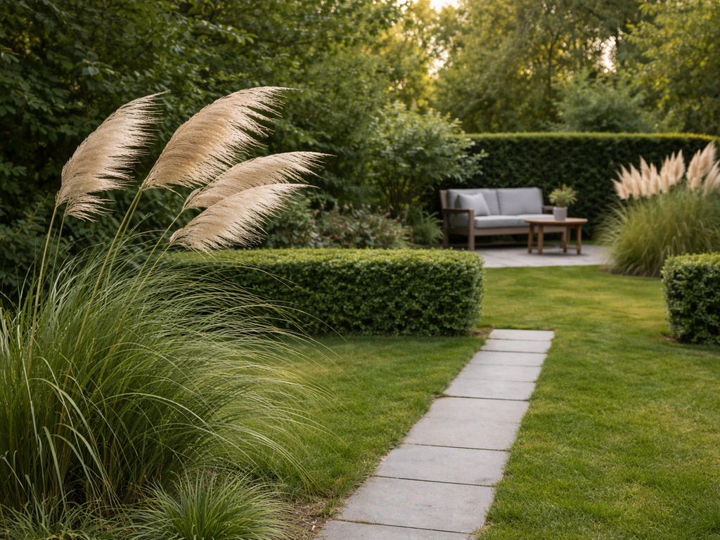 Tuin met pampasgras bij windzijde en een luwe hoek achter een heg, met zicht op de zithoek