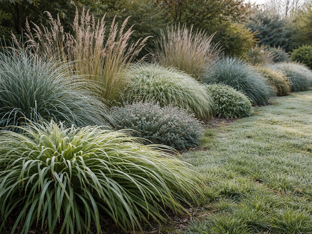 Brede tuinborder met evergreen gras in polvormen die ook in winter groen en textuurrijk blijven.