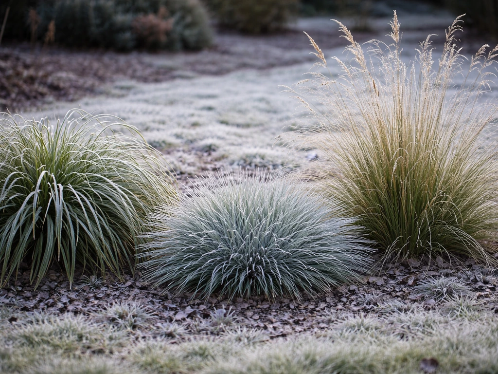 Drie winterse siergrassen in één beeld: zegge, schapengras en graspol met groen blad tussen vorstige aarde