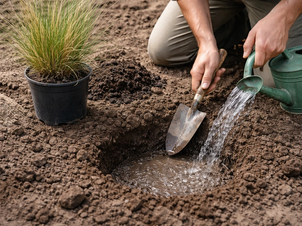 Tuinier bereidt een plantgat in zware kleigrond en zet een graspol uit in het begin van het seizoen