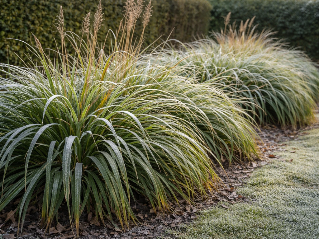 Winterborder met wintergroene grassen, blad bewust laten staan, frisse groene tinten bij daglicht.