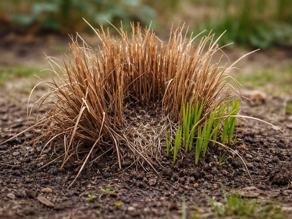Bruine, dode pollen van een siergraspol na vorst, met frisse groene hergroei in het voorjaar.