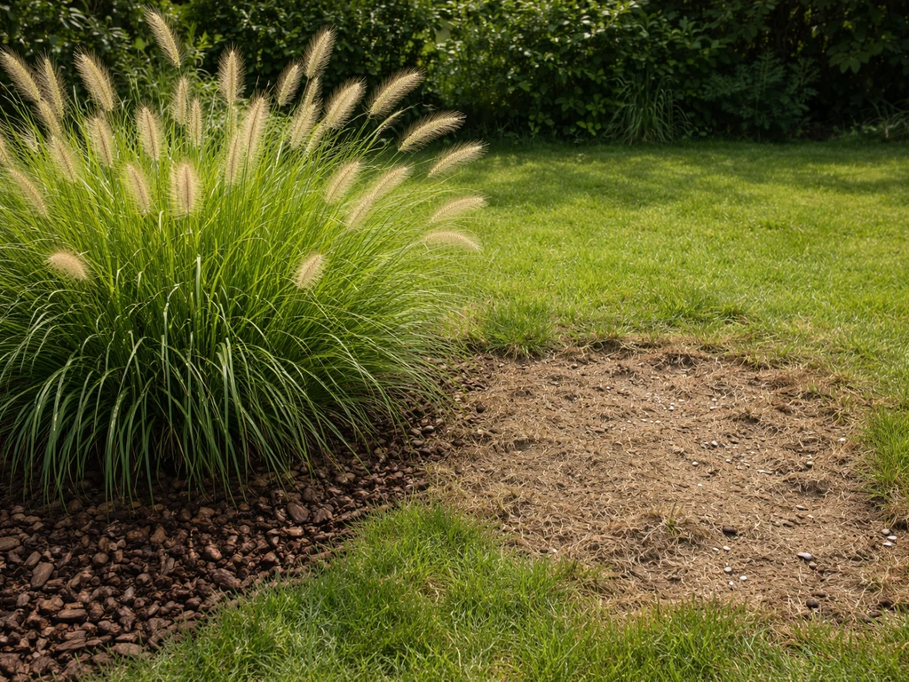 Gezonde Pennisetum pol naast een kale, bruine gazonplek die duidt op ondergrondse vraatschade.