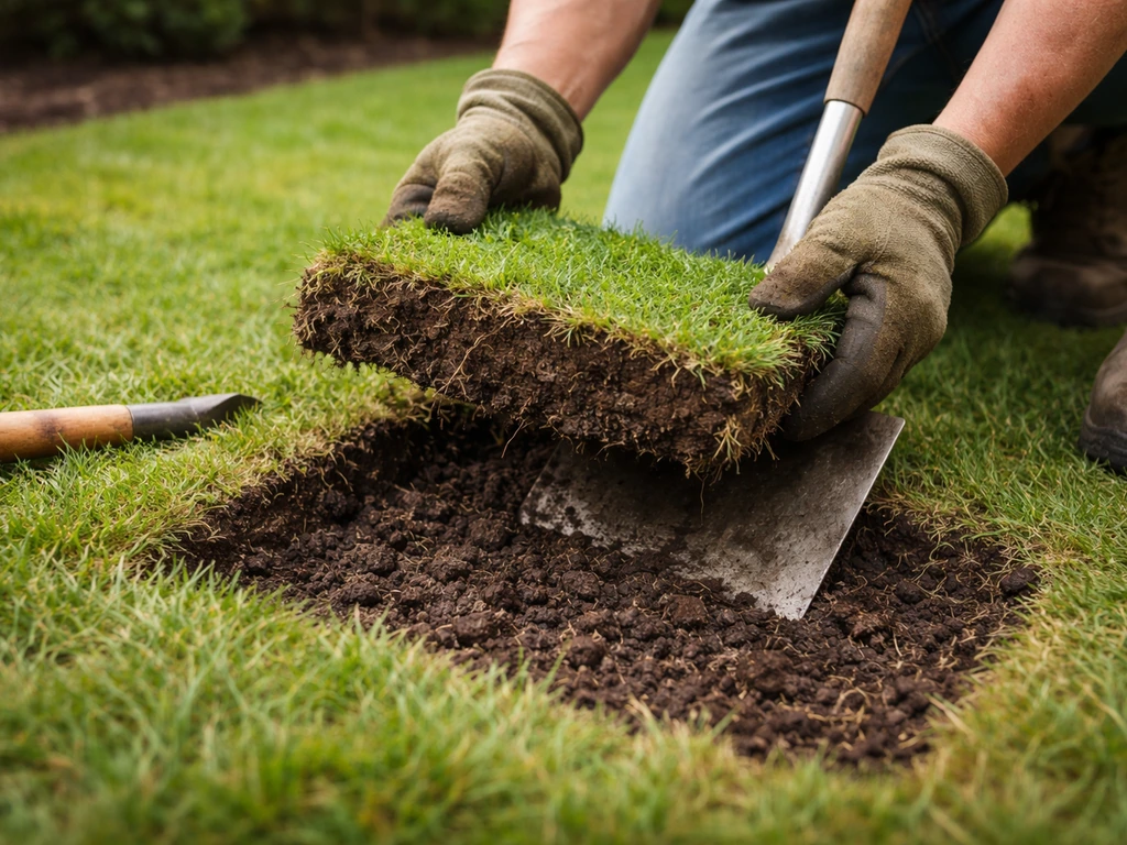 Tuinier tilt een stukje graszode op met een steekspade; close-up van zode en aarde eronder in een tuin.