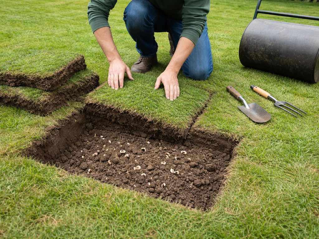 Persoon steekt zoden uit en toont larven in open grond; zode wordt teruggelegd en tuinrol ligt klaar.