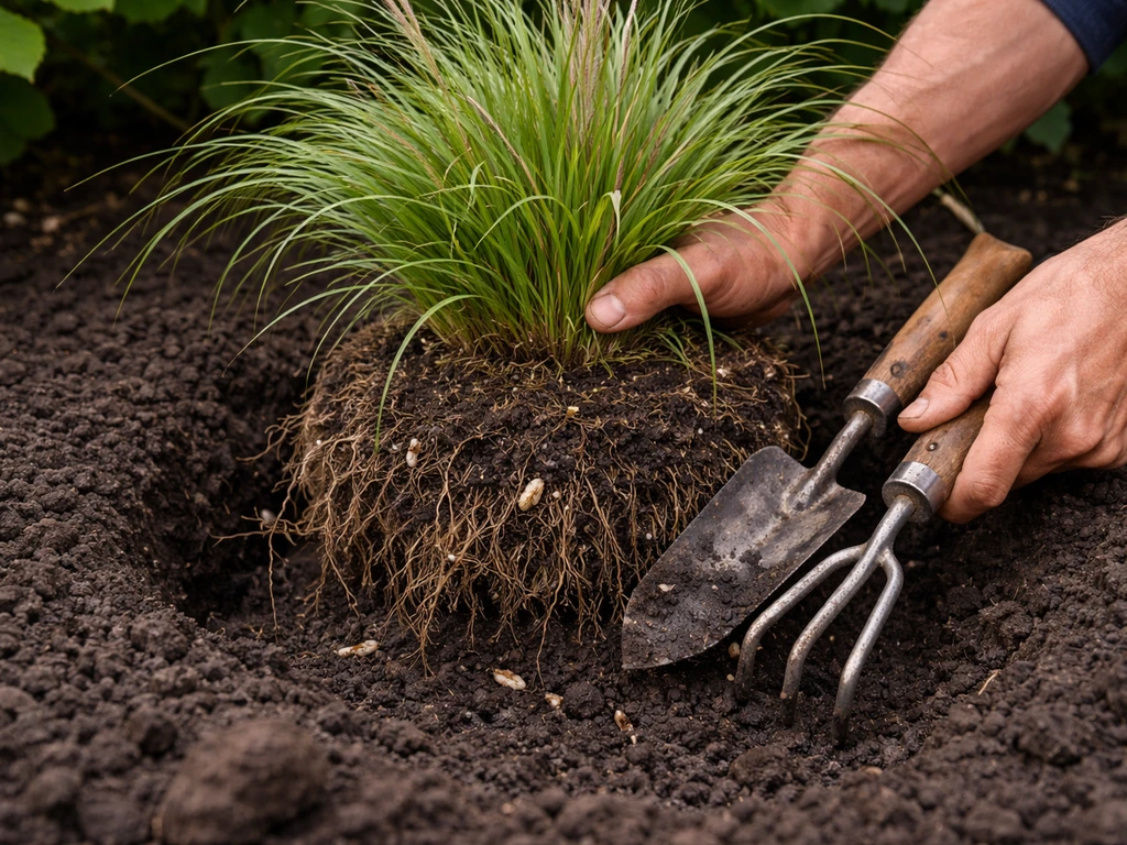 Uitgegraven Pennisetum-pol met wortelkluit en larven uit de aarde, terwijl wortels voorzichtig losgemaakt worden.