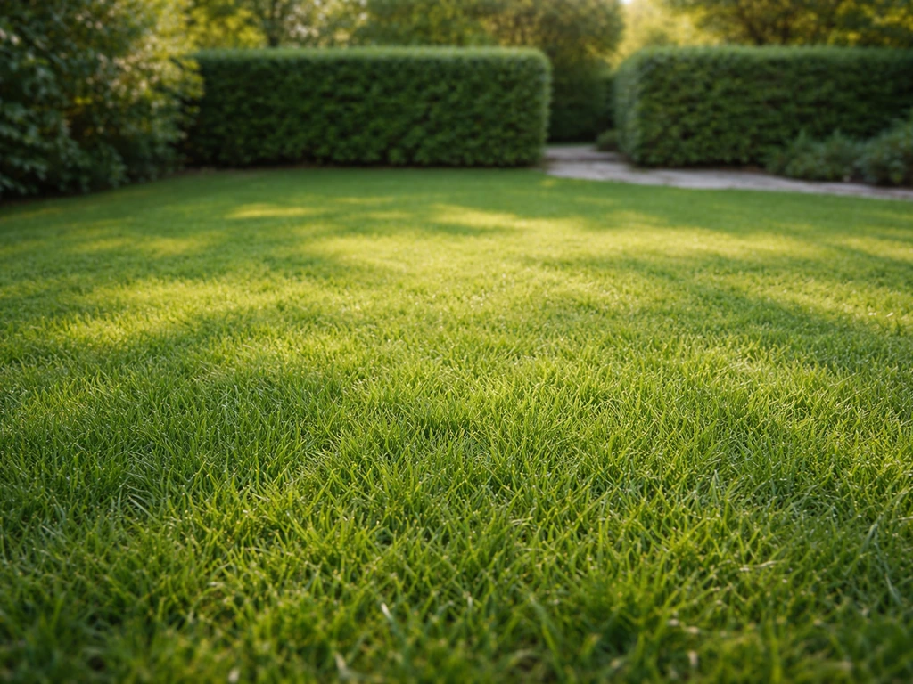 Levend, textuur-gedetailleerd echt gras in een rustige Nederlandse tuin bij natuurlijk licht.