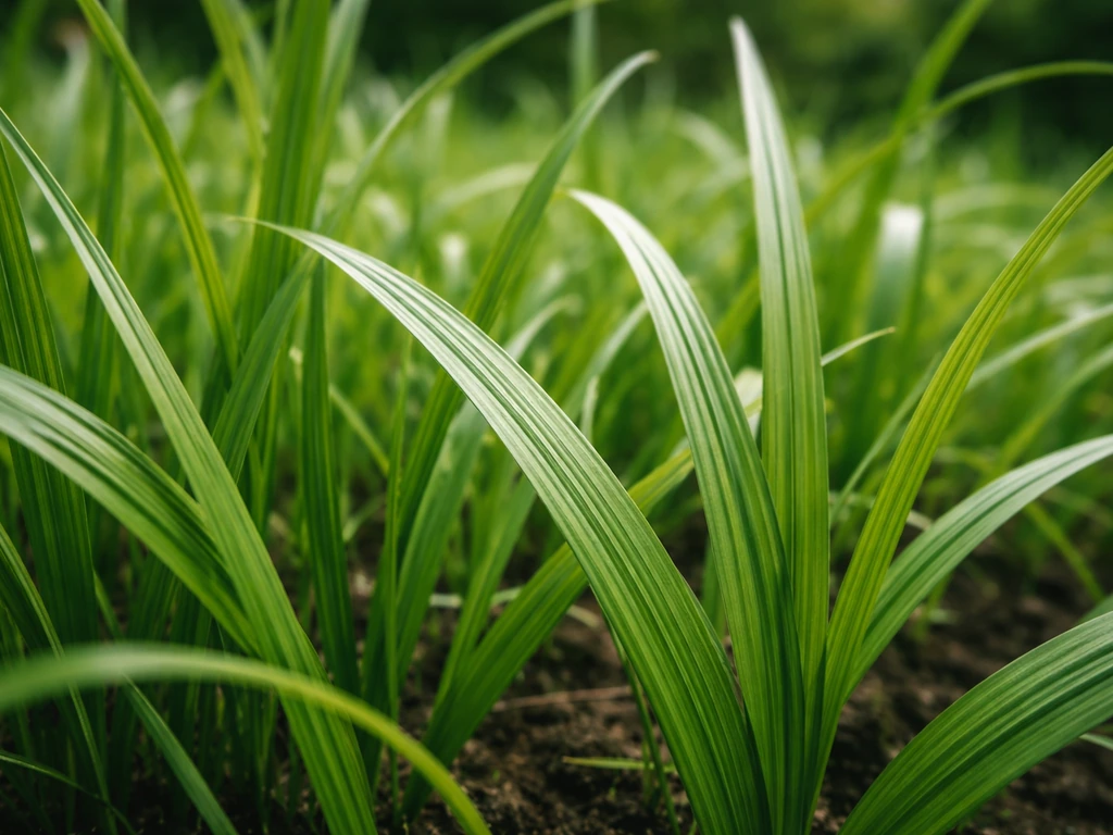 Close-up van echte grashalmen met smalle bladeren en duidelijke middennerf in een tuinbodem