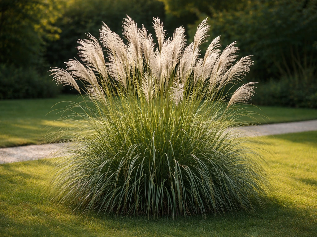 Miscanthus sinensis (Chinees zilvergras) in een strakke pol met opgaande pluimen in een Nederlandse tuin