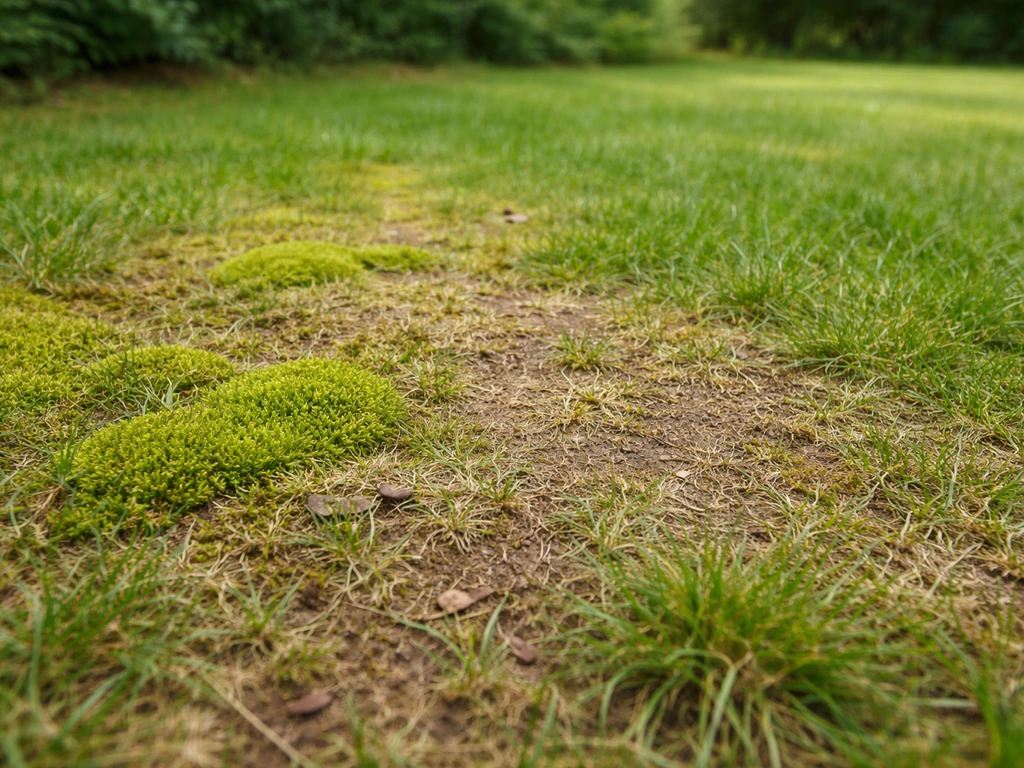 Uitzicht op een gazon met mosplekken en kale, bruine zones naast gezonde, groene grasgroei.