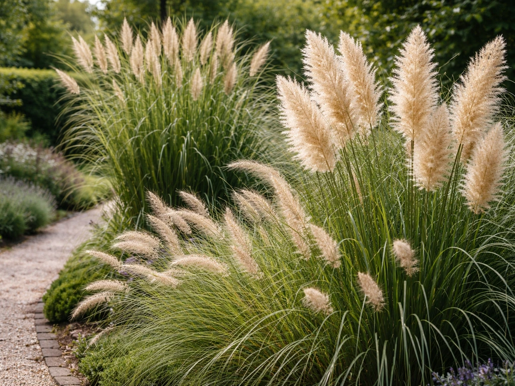 Siergrassen in een Nederlandse tuin: pampasgras, miscanthus en pennisetum in één rustig beeld.