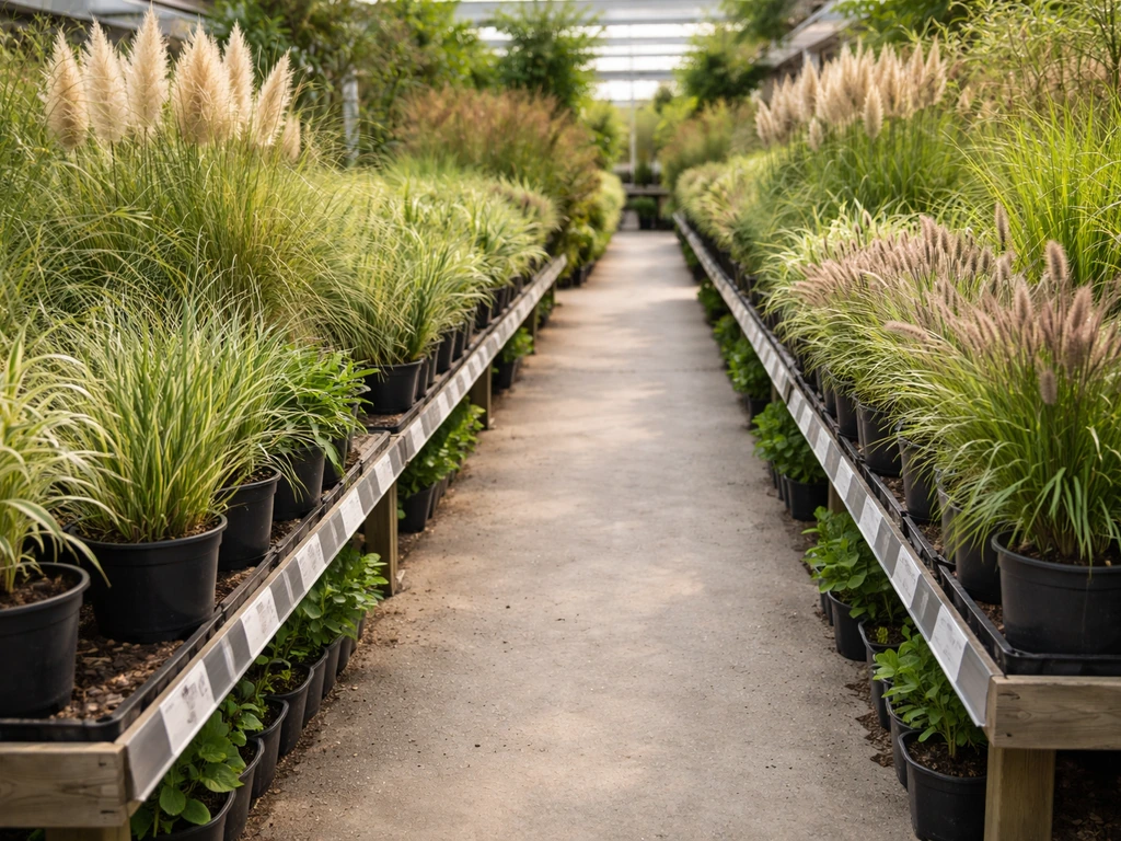 Tuincentrum met vakken vol siergrassen in potten, met etiketten op schappen (pampasgras en miscanthus).