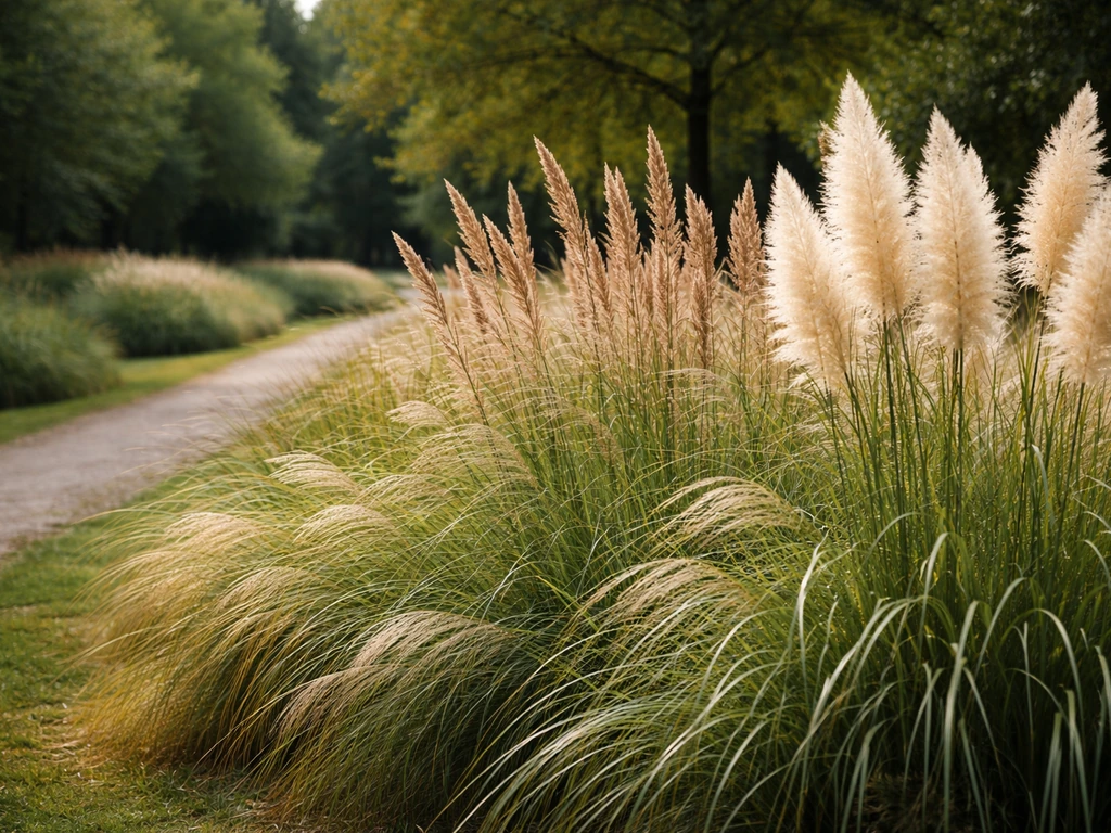 Pampasgras en miscanthus in een rustige berm langs een parkpad in Nederland, bij natuurlijk daglicht
