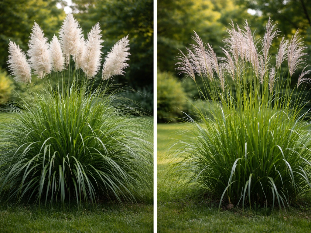 Vergelijkende foto van pampasgras en miscanthus naast elkaar, met duidelijk zicht op bladvormen en pluimen.