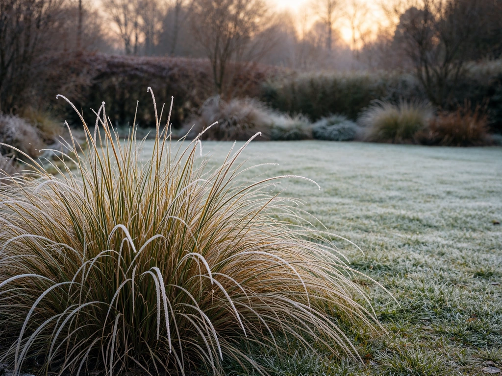 Panoramische wintertuin met winterhard siergras en op de achtergrond een gazon in Nederlandse winter.