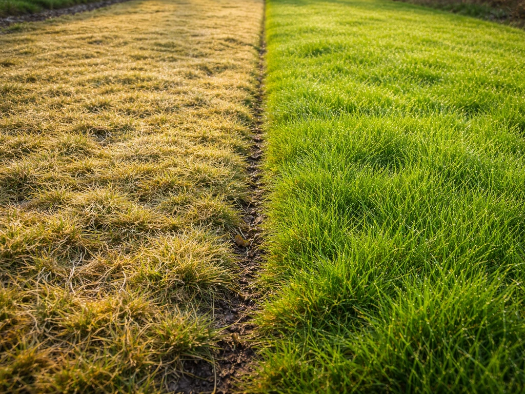Twee delen van een gazon: geelbruin na vorst en fris groen in de lente, rustig en minimalistisch.