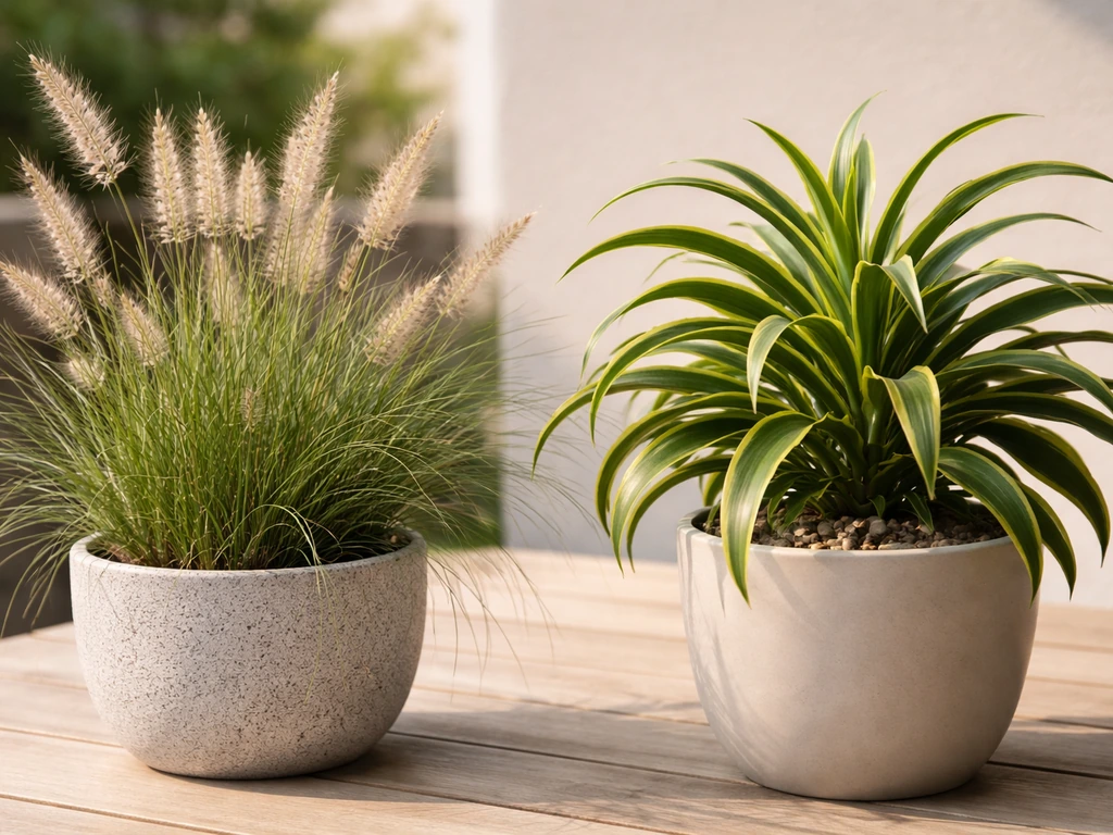 Close-up van twee planten: echt siergras met halmen naast een Dracaena reflexa-achtige kamerplant, verschil zichtbaar.
