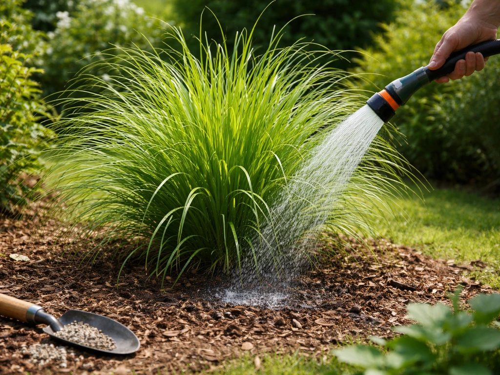 Groene siergraspol in de zomer, met gieter en zachte waterstraal voor water geven