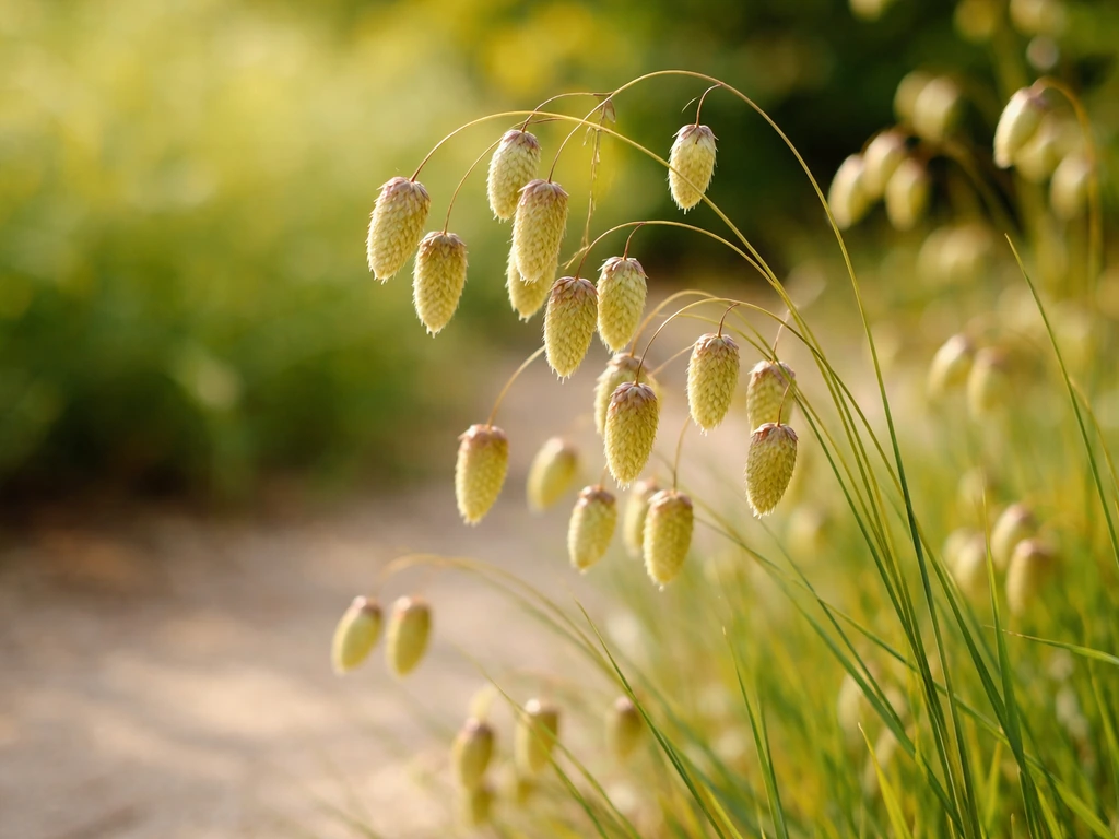Close-up van briza gras met trilachtige aartjes in een zonnige Nederlandse tuin, met zachte achtergrond
