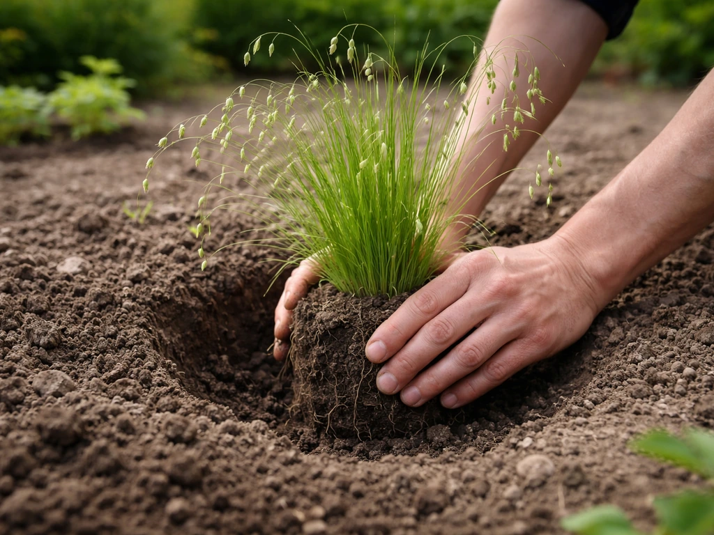 Anonieme handen planten Briza media uit een pot in een tuinplantgat met zichtbare bodem en afstand.