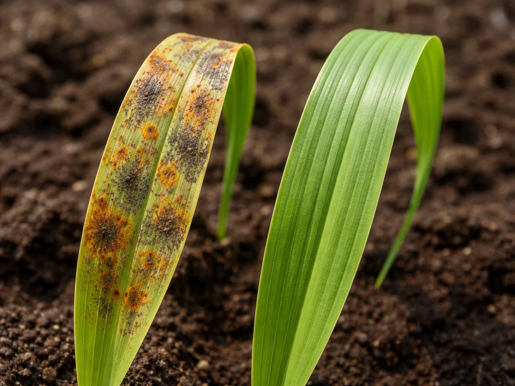 Briza-blad met roest- en schimmelachtige vlekken naast een gezonde plant in hetzelfde beeldkader.