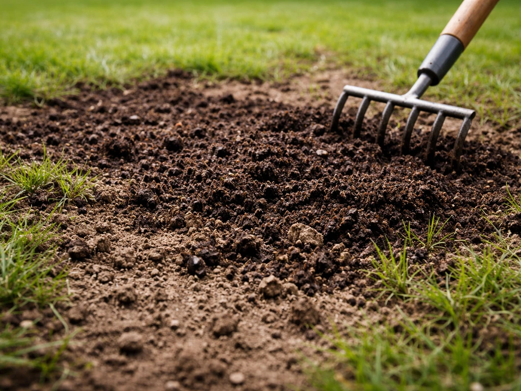 Close-up van uitgevoerde rijpe compost in een gazon met zichtbare bodemtextuur en nieuw ingewerkt gras