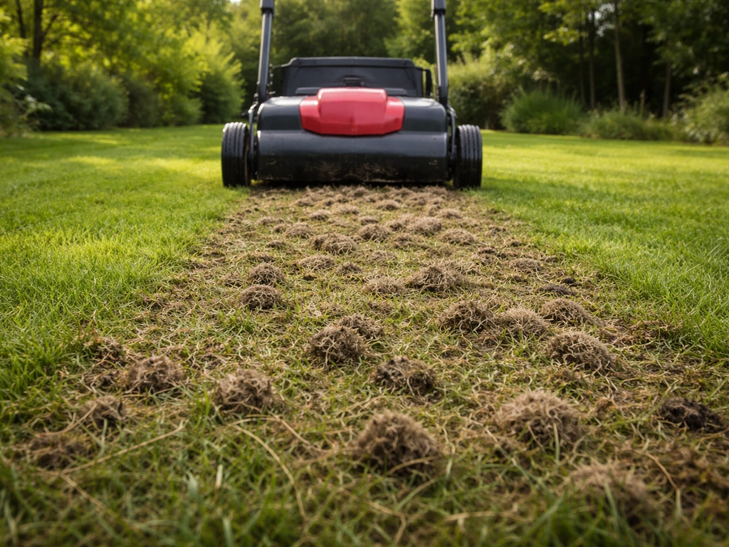 Verticuteermachine die over een gazon gaat met zichtbaar opgebroken vilt en resten na verticuteren.