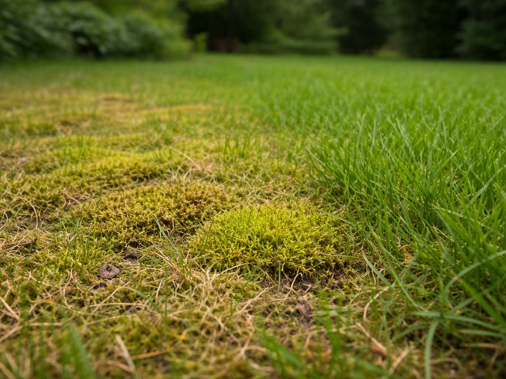 Close-up van mos tussen graspolletjes, met daarnaast nog gezonde grasdelen in een gazon.