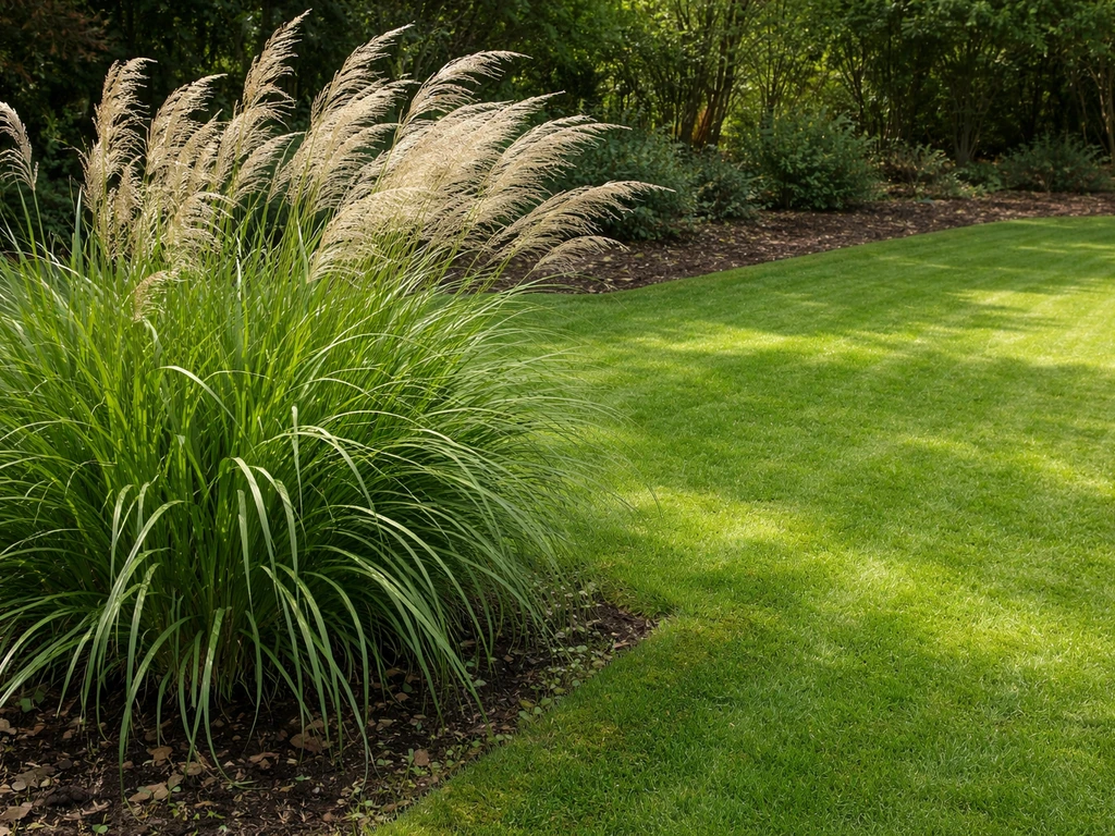 Miscanthus-siergras naast een stuk groen gazon in een rustige tuin, bij natuurlijk daglicht.