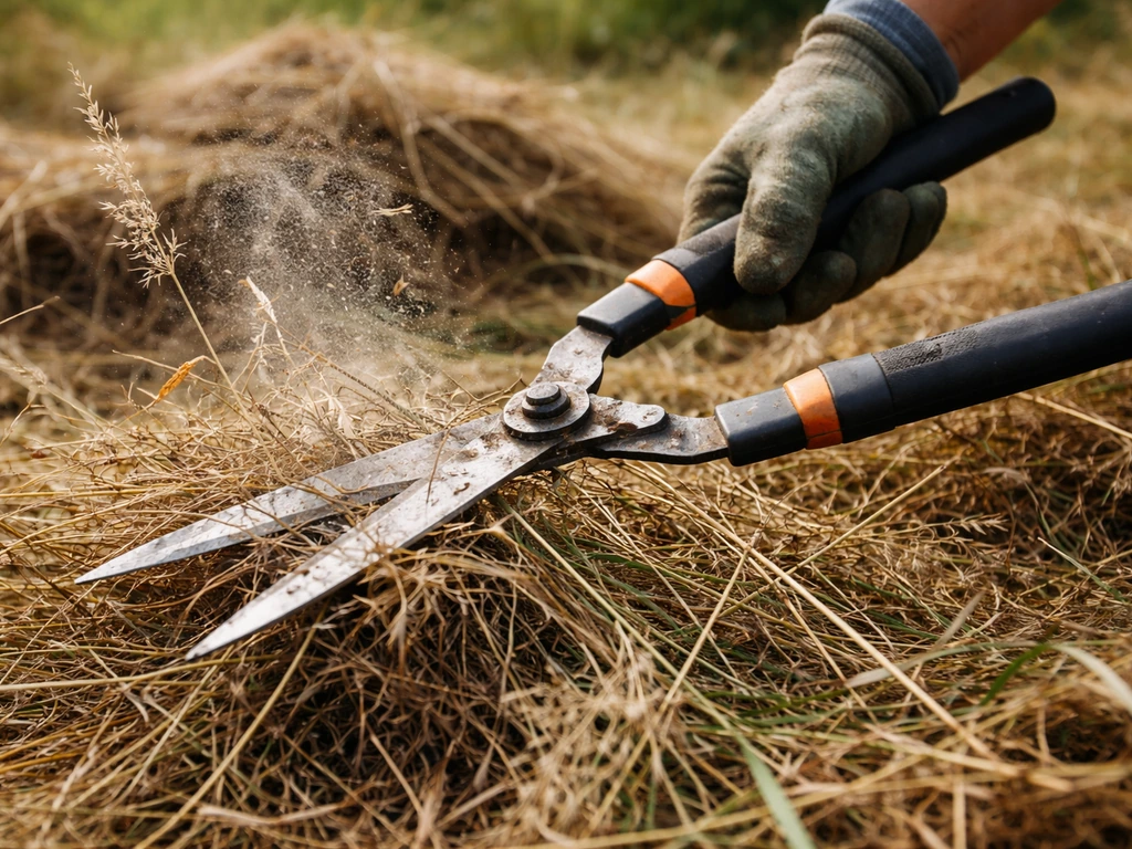 Close-up van maaien met zichtbare graspluimen en stofdeeltjes op oud plantenmateriaal