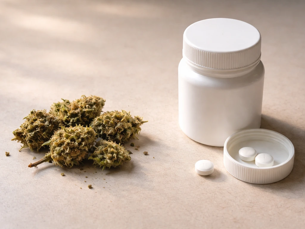 Neutrale tafel met cannabisbloemen naast een witte pillendoosje en losse pillen, als interactiesymbool.
