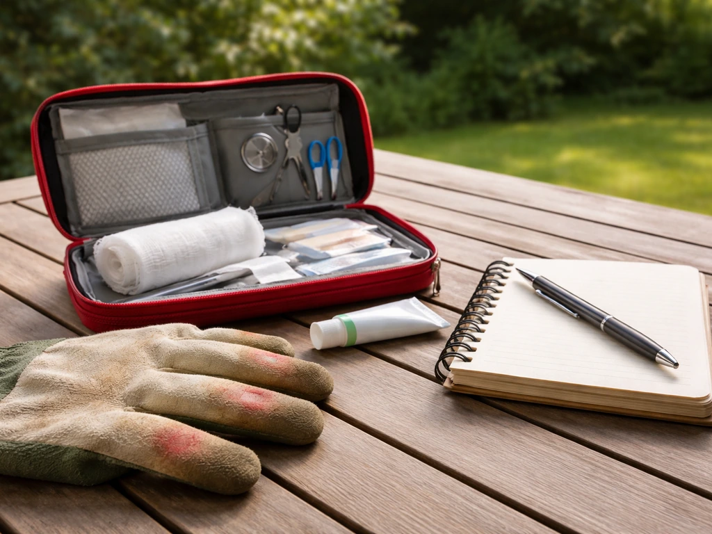 Tuintinhandschoen met milde huidirritatie, EHBO-set en leeg notitieboekje met pen op een houten tafel