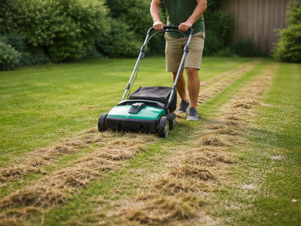 Tuinier die verticuteermes en beluchter gebruikt op een gazon, met zichtbare werksporen en losse resten/vilting