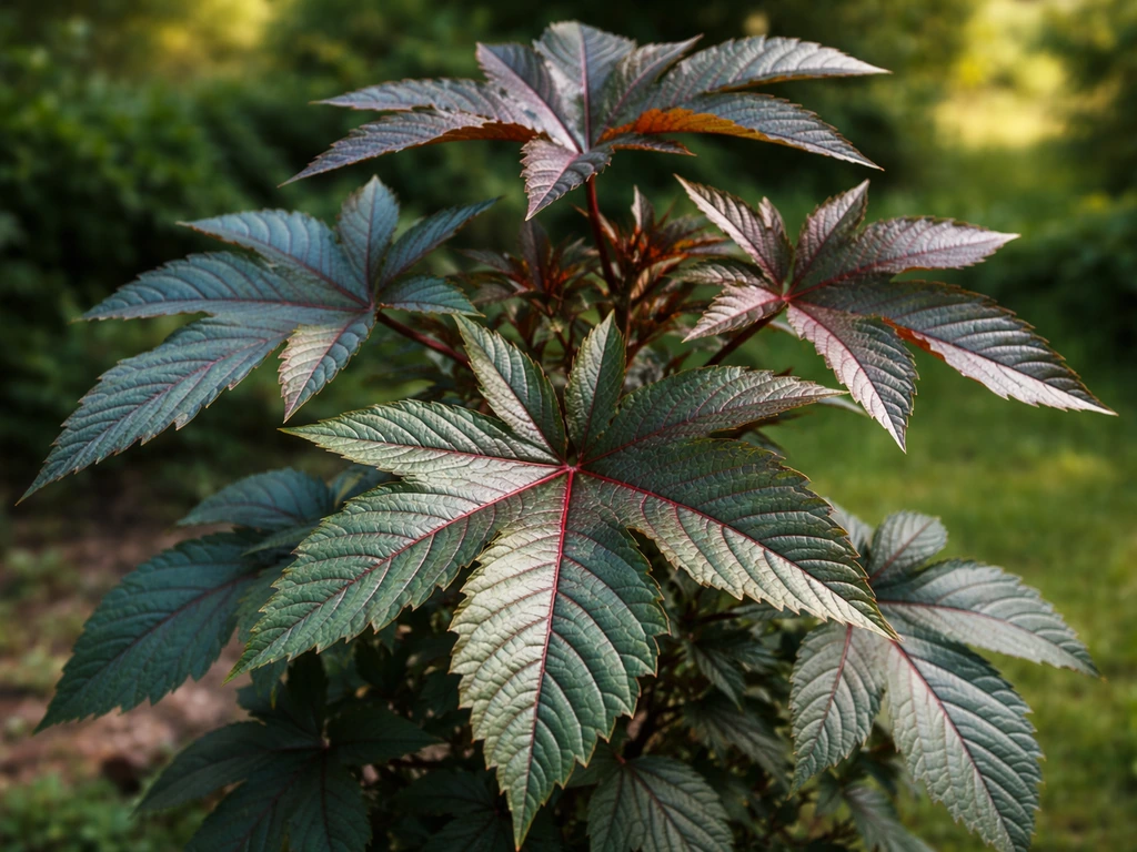Close-up van Ricinus (castorplant) met handvormig ingesneden bladeren in blauwgroen en donkergroen.