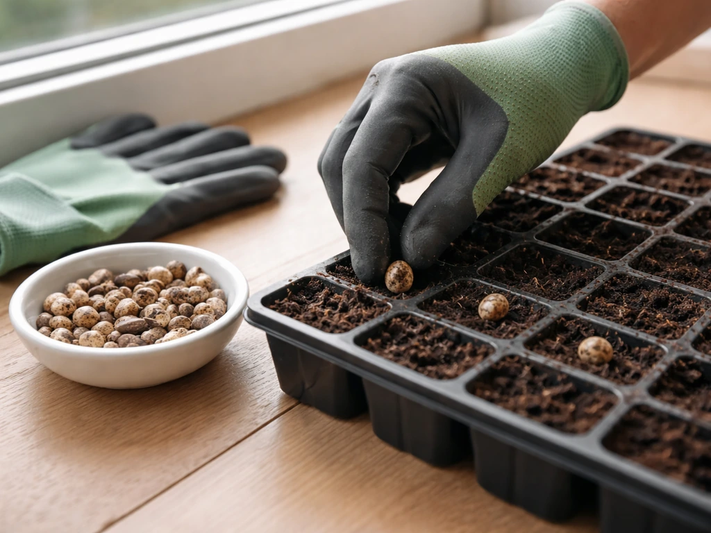 Gehandschoende hand die Ricinus-zaden in een zaaitray plaatst op een vensterbank, met zaden en handschoenen ernaast.