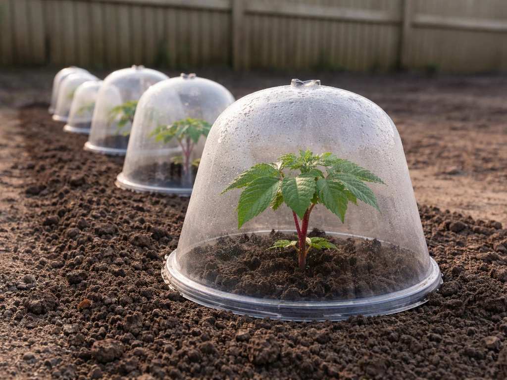 Jonge Ricinus-plantjes in de Nederlandse tuin, bedekt met transparante koele-nachten bescherming (cloche/folie).