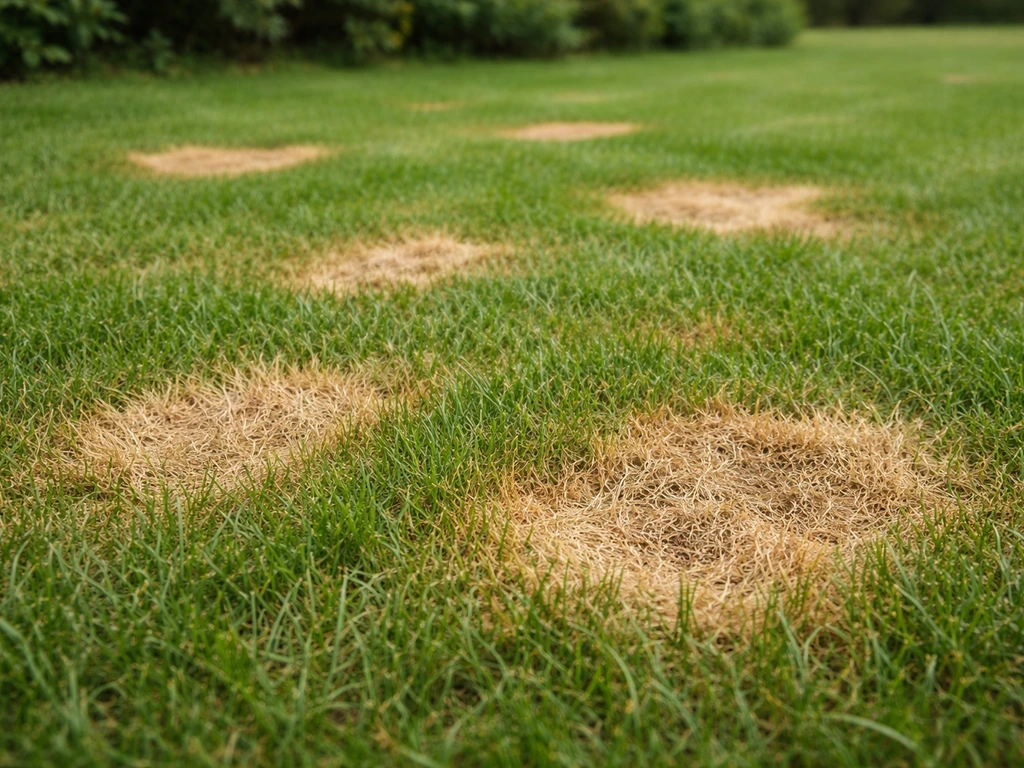Een gazon met gele tot bruine, ronde plekken met afgebakende randen, passend bij fusarium gras.