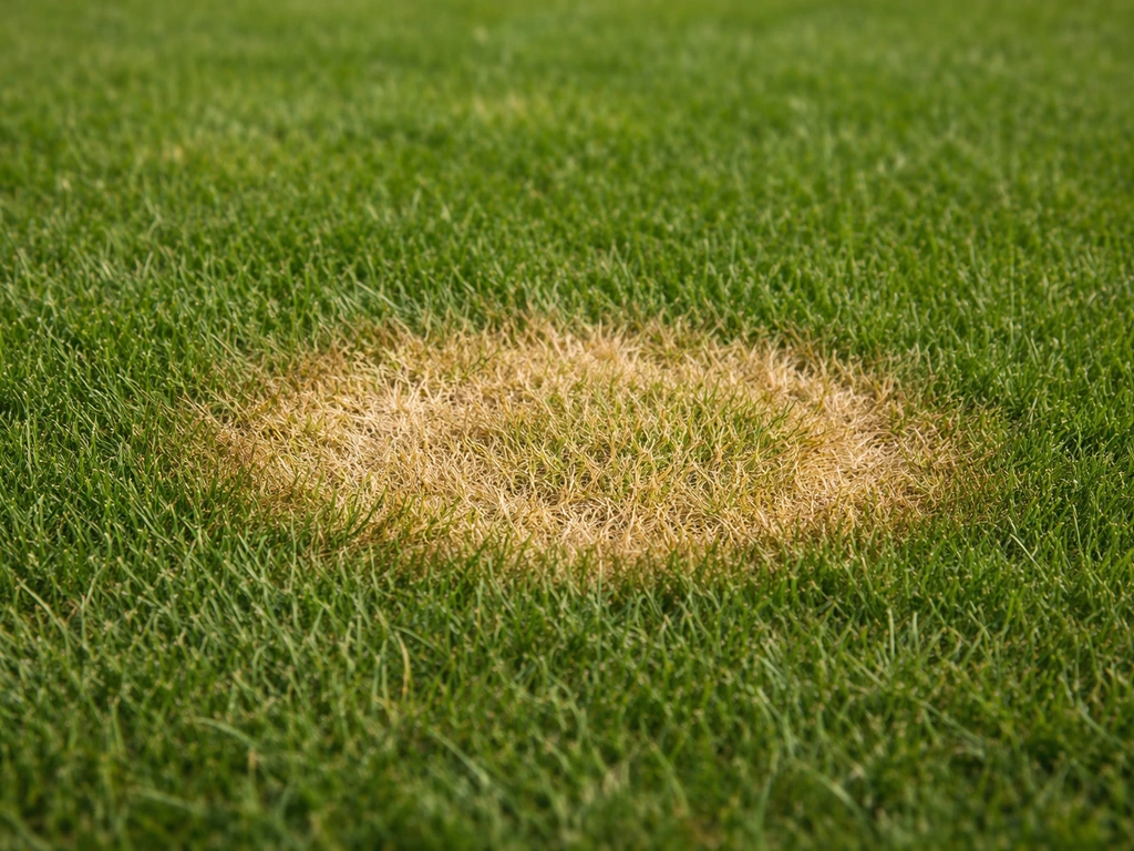 Close-up van een ronde ovale Fusarium-patchvlek op gras met geel naar stro naar bruin en duidelijke randzone.
