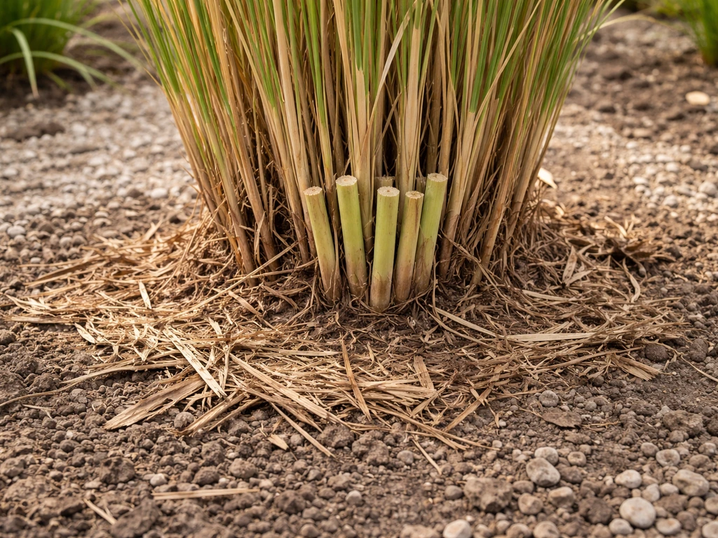 Close-up van miscanthus-voetzone met weggehaald verdord blad en schone kroon na terugsnoei.