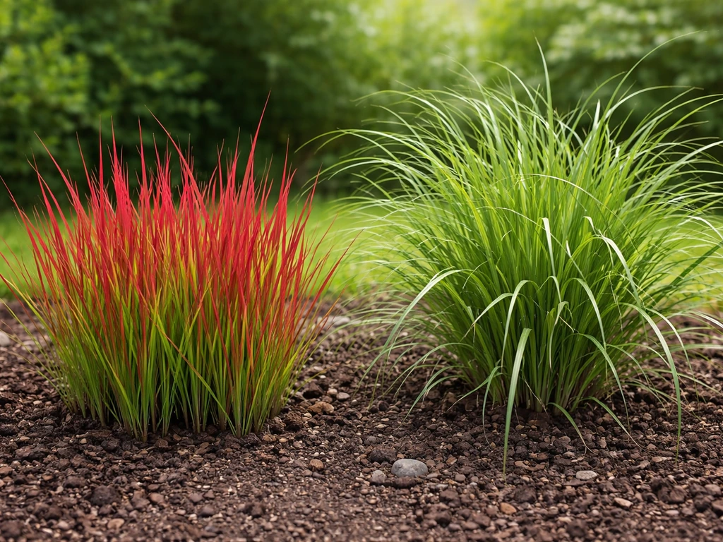 Kunniegras (Imperata ‘Red Baron’) en Miscanthus naast elkaar in een rustige tuin, blad- en polvorm zichtbaar.