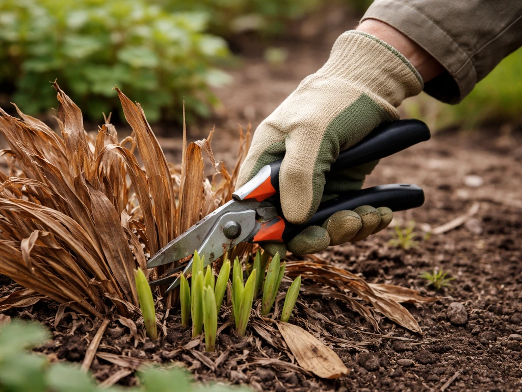 Close-up van een tuinhandschoende hand die met snoeischaar bruin blad terugknipt tot 5–10 cm.