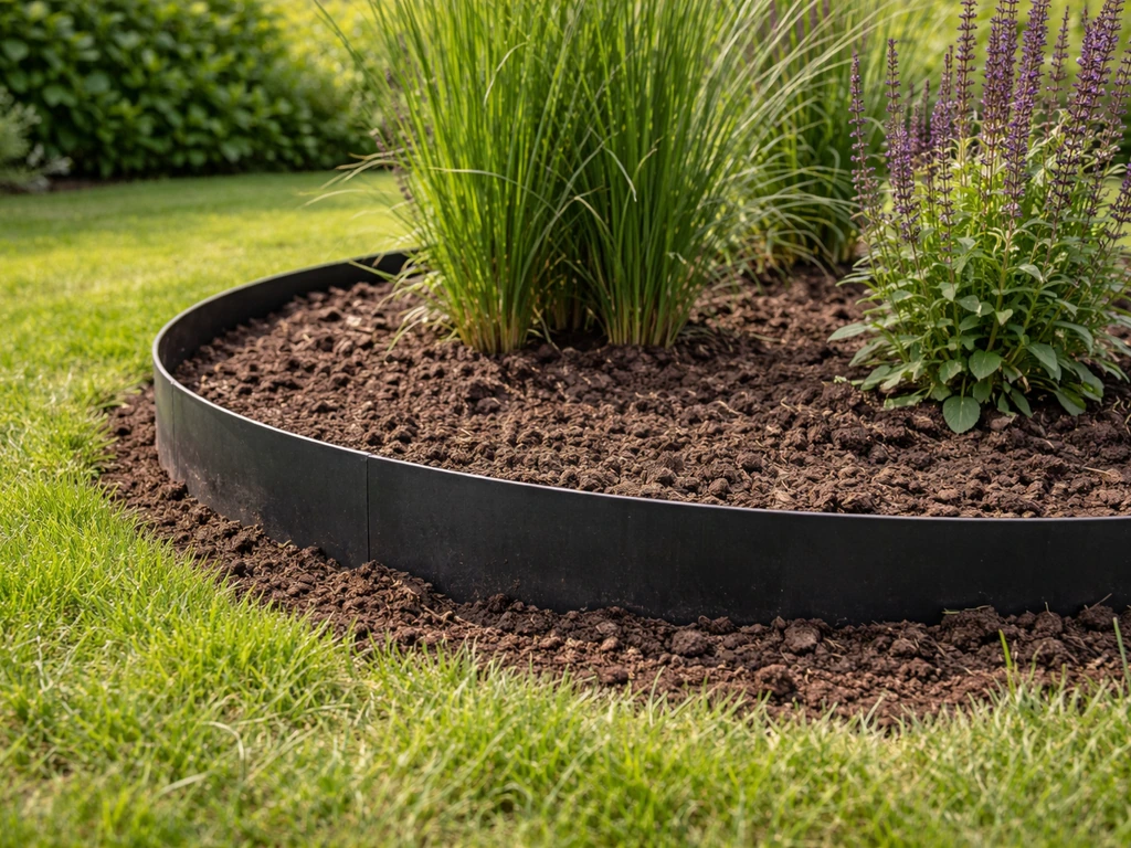 Plantvak in de tuin met zichtbare wortelbegrenzer als barrière tegen rhizoomverspreiding