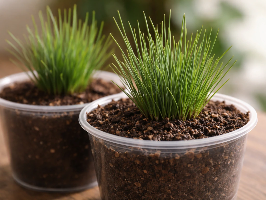Detail van kleine siergrasplantjes in plastic potjes met zichtbare blauwgroene polvorming in voorjaarsaarde