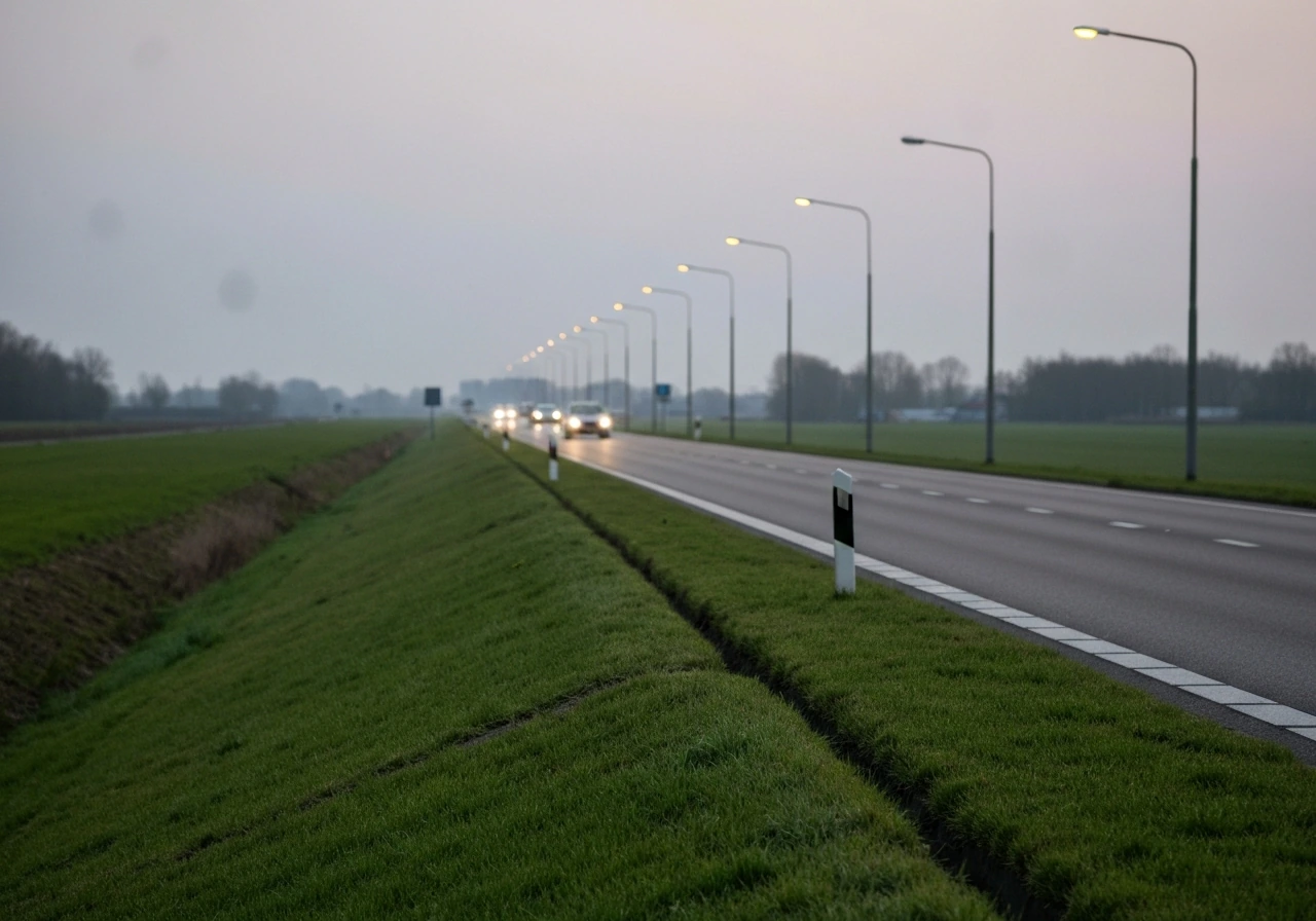 Groene grasrand langs een drukke weg met onscherp verkeer op de achtergrond, gericht op de berm.