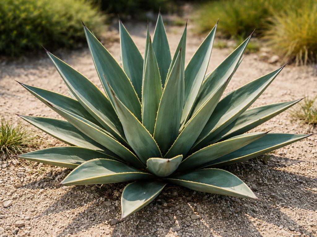 Rozet van sisal gras (Agave sisalana) in een zonnige Nederlandse tuin, met zandige/grindige bodem.