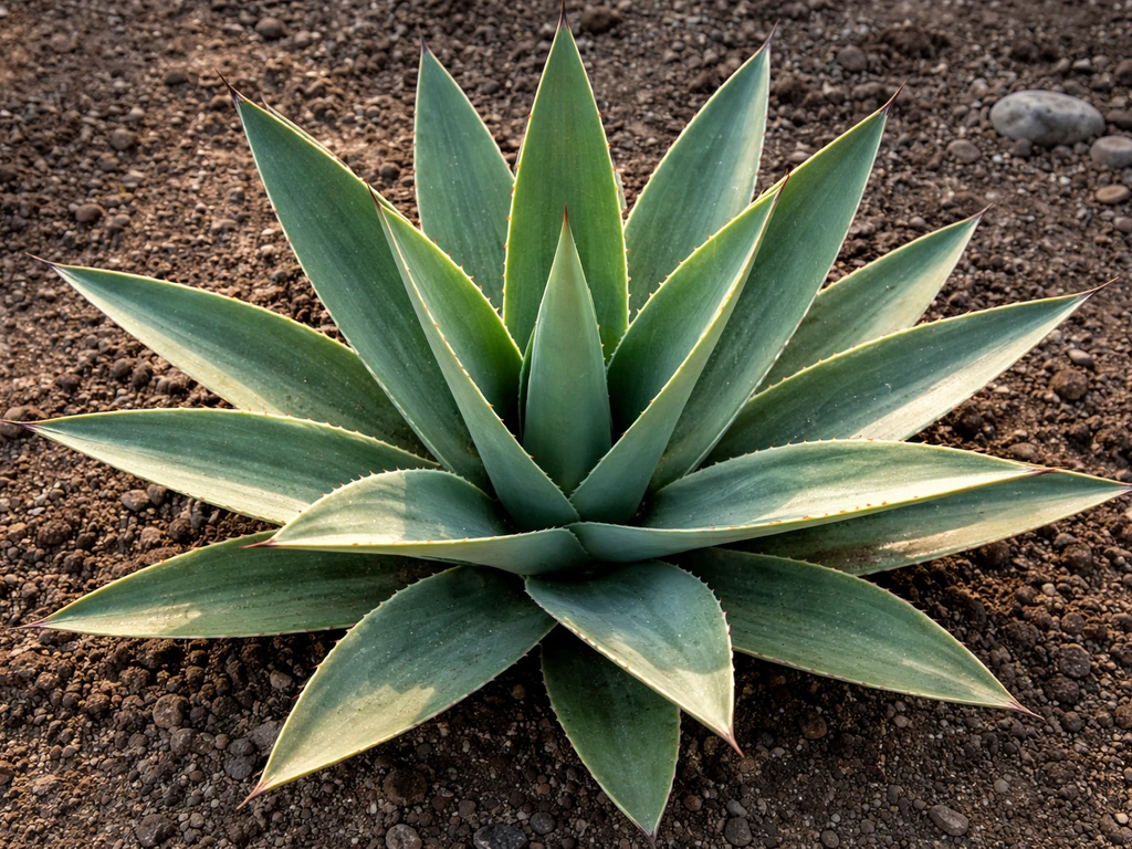 Close-up van Agave sisalana met dichte rozet en leerachtige bladeren in een tuinbed.
