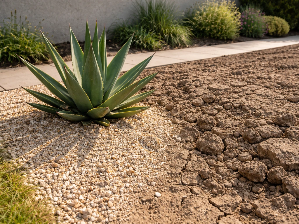 Zonnige tuinplek met agave sisalana in grindrijke, goed doorlatende bodem tegen compacte kleigrond