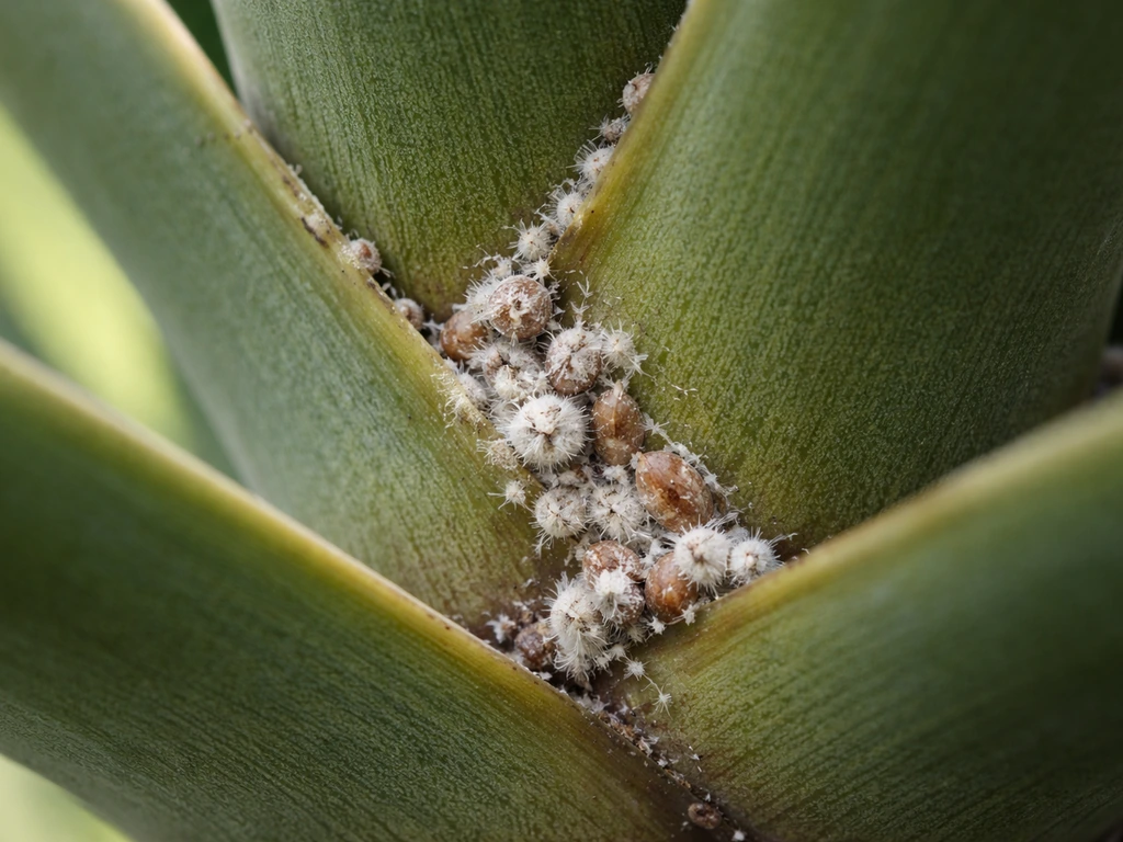 Schildluizen op de bladbasis van een Agave sisalana, met witte wasachtige klontjes en bruine schildjes.