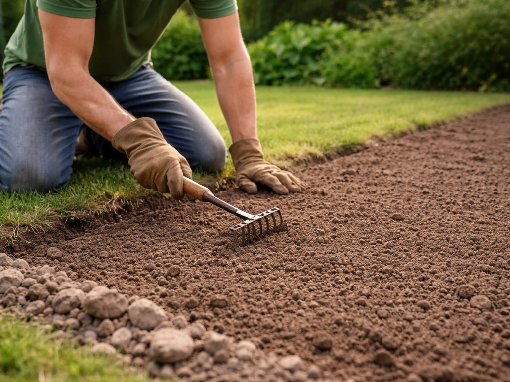Tuinman egaliseert en maakt de grond rul voor nieuw gazon, met sporen van voorbereiding in het grasveld.